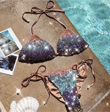 sequin swimsuit Beach Bunny Swimwear Ariel Triangle Top Blue Ombre