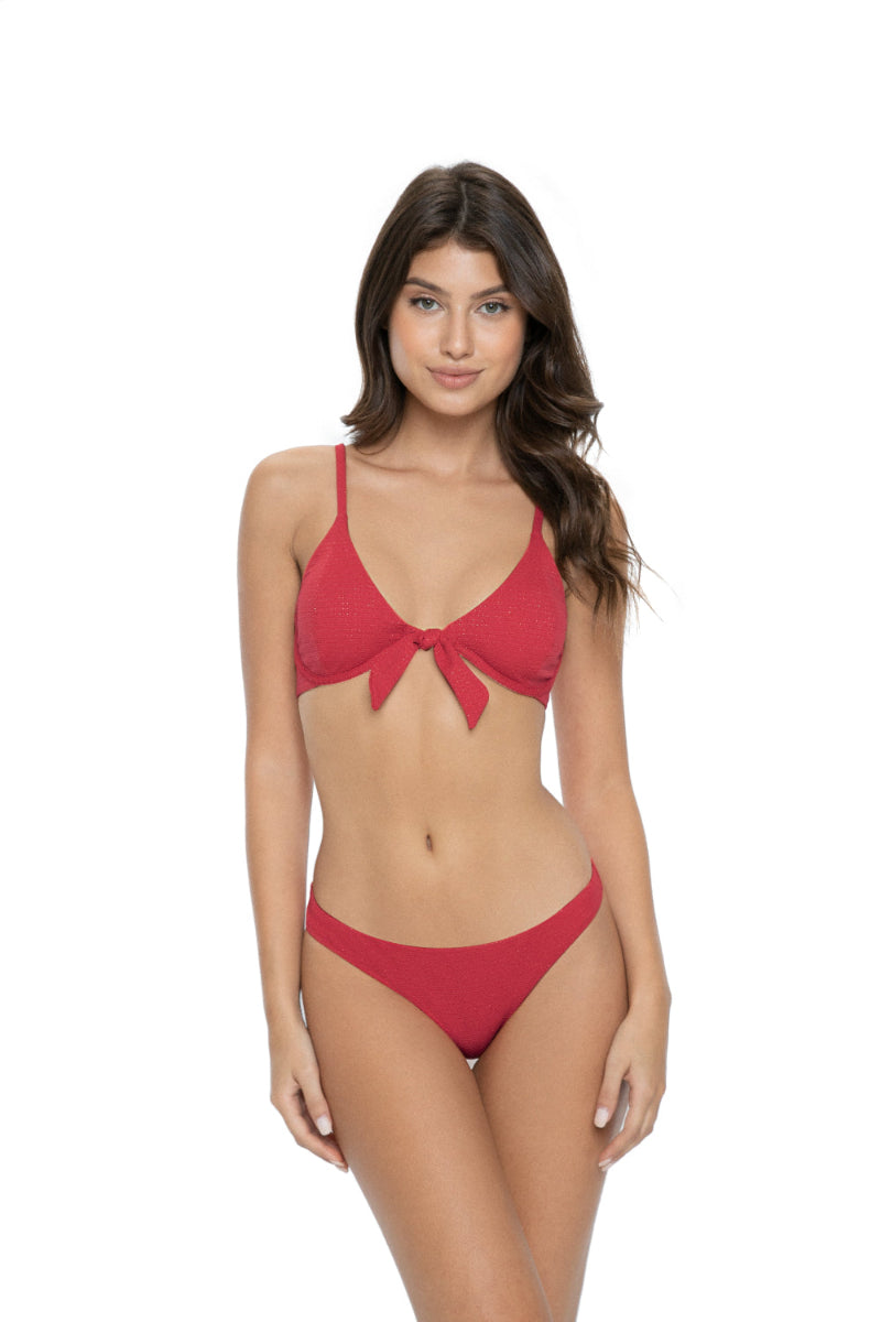 on sale Front Tie Bikini set luxury designer swimwear gold shimmer fabric adjustable back ties D Cup full coverage bikini bottoms | PQ Swim discounted sexy swimwear online boutique sunvixen.com