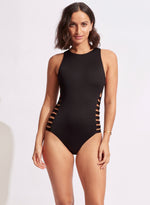 Black High Neck One Piece Swimsuit Sustainable | Seafolly Swimwear image 1