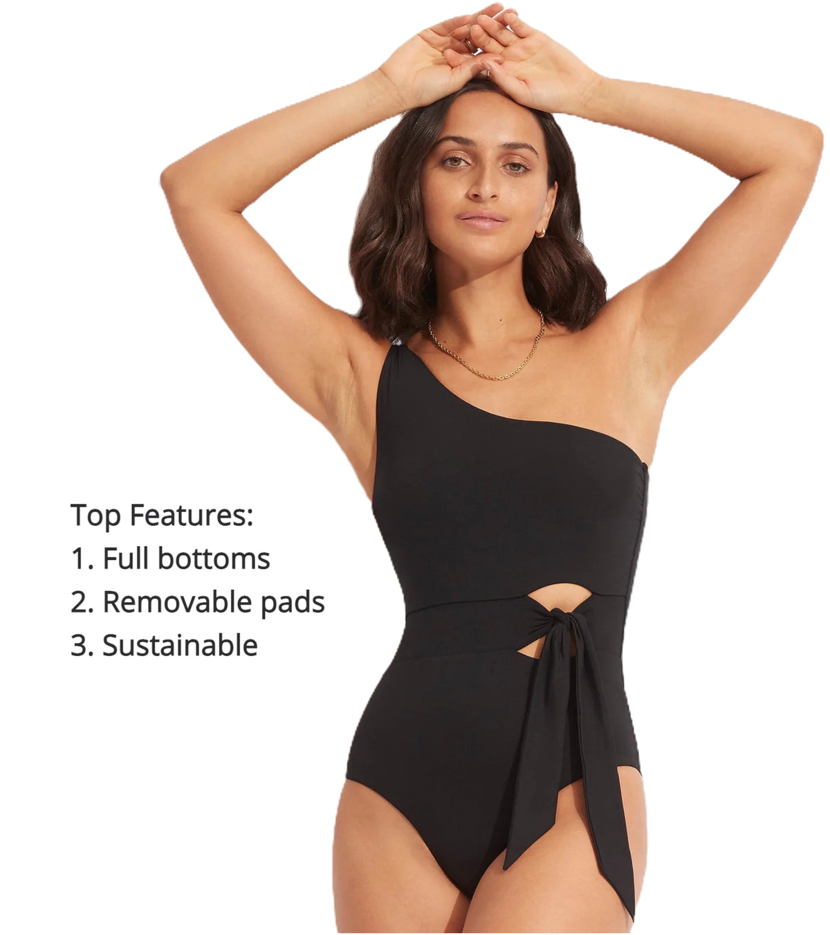 A woman from Vancouver buys Seafolly Black One Shoulder Swimsuit Sustainable cute tie front good quality designer made asymmetrical full coverage bottoms removable pads sophisticated eco friendly hourglass shape elegant resort swimsuit womens high end expensive fancy luxury wear as a body suit versatile glamorous highly rated 5 stars Maria from New York buys luxury fashion online frequently travels resort beach trips often enjoys high end fashion beauty maven socialite look classy black bathing suit pool