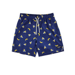 Banana Swim Trunks Island Haze Tropical print Mens Shorts cool print funny shorts navy blue 5 inch inseam elastic waist drawstring front inner mesh lining side pockets back velcro close pocket quick dry soft fabric unique lucky banana swim short lively print vacation beach vibe vacation hilarious couples trip joke ridiculous guys blue navy unusual popular best mens swim good price ships fast buy canada usa alaska mexico detroit PG travel online shopping enthusiast beauty maven gym goer travels often sexy 
