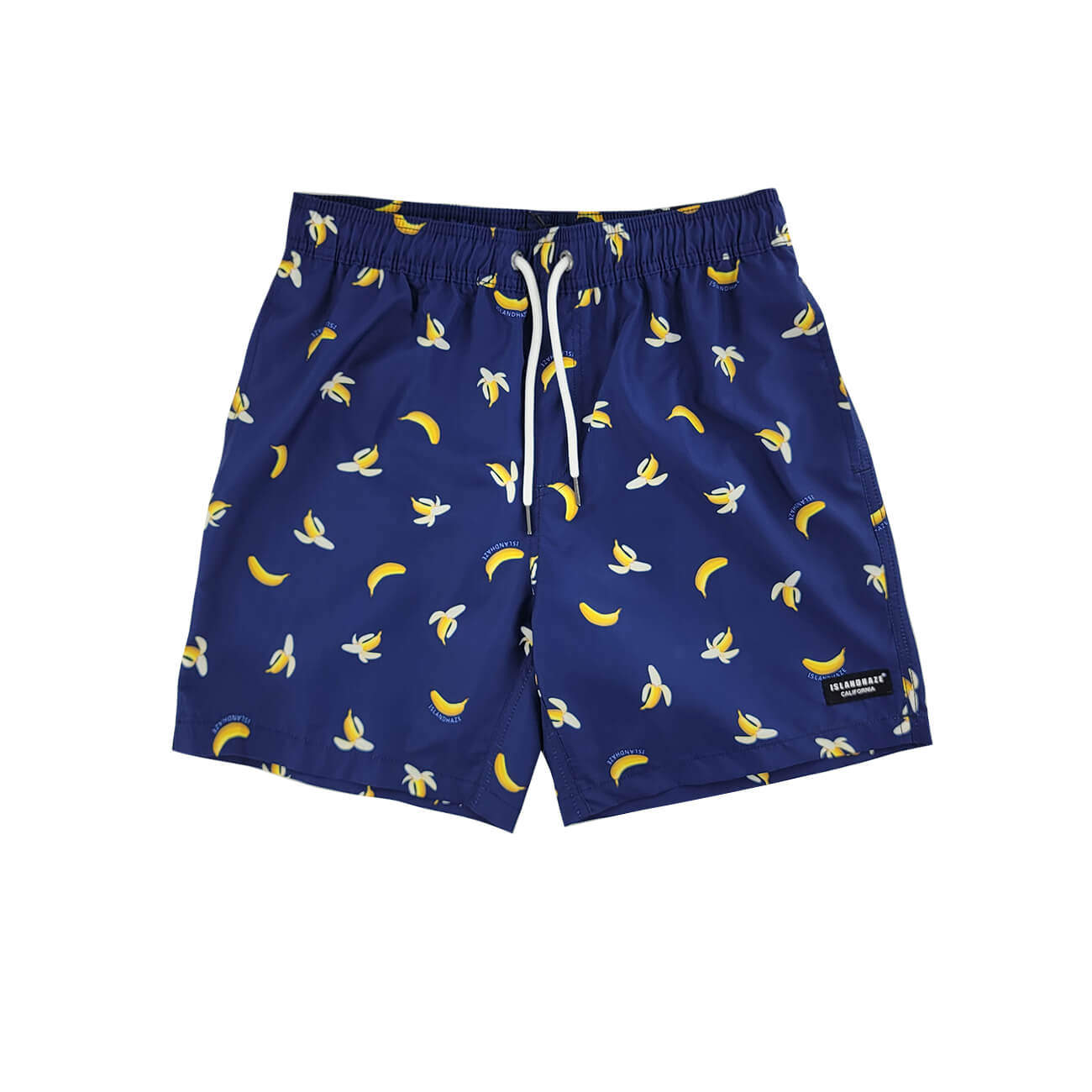 Banana Swim Trunks Island Haze Tropical print Mens Shorts cool print funny shorts navy blue 5 inch inseam elastic waist drawstring front inner mesh lining side pockets back velcro close pocket quick dry soft fabric unique lucky banana swim short lively print vacation beach vibe vacation hilarious couples trip joke ridiculous guys blue navy unusual popular best mens swim good price ships fast buy canada usa alaska mexico detroit PG travel online shopping enthusiast beauty maven gym goer travels often sexy 