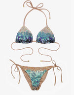 Shop online fast shipping Beach bunny swimwear ariel ombre sequin bikini designed for resort luxury holidays boasting its shiny sparkle glitter shimmer on the embellished sliding triangle bikini top with lavish sequin embellishments in mermaid ombre paired with skimpy ruched tiny itsy bitsy bikinis bottoms that deliver cheeky coverage adjustable tie sides for customizable fit ideal for exotic high end designer beach looks sparkle bikini itsy bitsy bikinis elegant swimsuits for glamorous pool parties 
