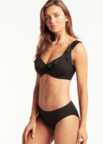 Black Underwire Bikini Top Sustainable | Sea Level Australia Essentials F cup frill underwire bra best swimsuits for mom flattering bikini supportive frilly classy sophisticated lifts chest vacation bra bikini top for sagging bust good quality high end luxury designer ladies swimsuits online shopper enthusiasts purchaser boutique elegant glamorous chic bougie cute flattering fashionable flirty ruffle bra bikini top beautiful attractive top rated website ships fast celebrity style exquisite stylish premium 