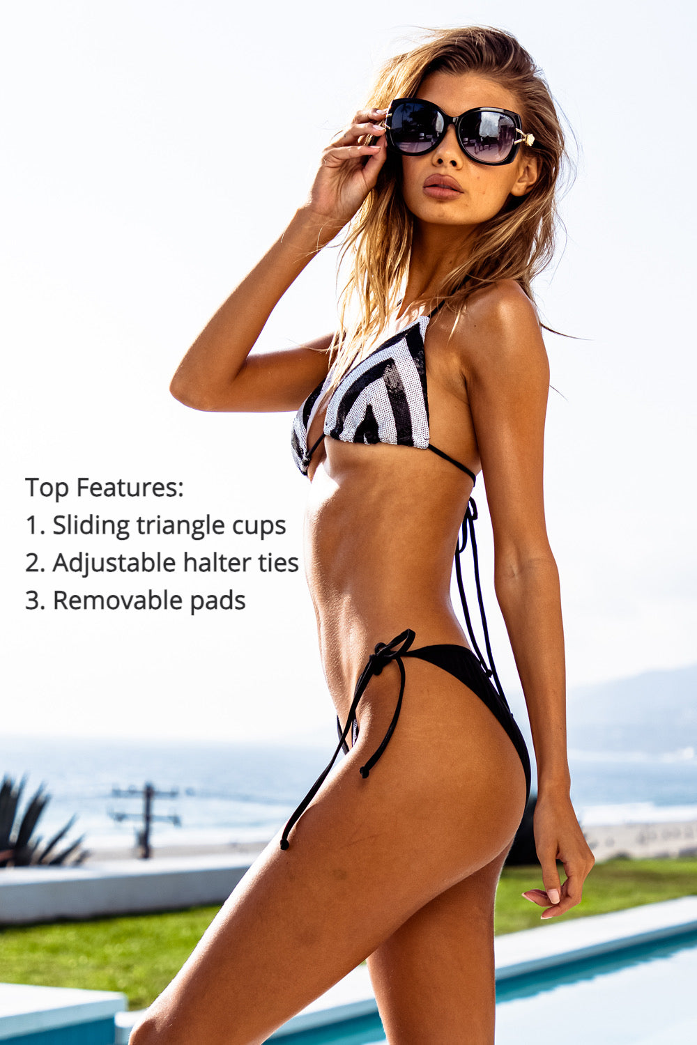 buy online now Black and White Striped Bikini Top Sequin Sauvage Swimwear canada high end edgy chic sophisticated glamorous shiny sparkly pool party bachelorette beach vacation destination wedding expensive fashion bikinis top rated website fast shipping luxury cruise bikinis wealthy looking bougie St. Tropez Triangle san diego california regina saskatchewan quebec city quebec rich fashionista swimwear influencer celebrity stylish tiktok sophisticated showstopping attention grabbing center stage bikinis 