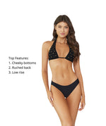 A fashionista is looking sexy wearing a Gold Beaded Macrame Bikini Top PQ Swim midnight beaded brynn halter Midnight Basic Ruched Bottoms teeny on her girls vacation to vegas. She is looking fancy in her skimpy bikini at a Vegas pool party. Everyone loves her expensive bathing suit she purchased from sun vixen swimwear an online boutique website with 5 star google rating that sells name brand swimsuits to fashion enthusiasts. She also shopped for high end black bikini, embellished swimsuits, resort swimwear