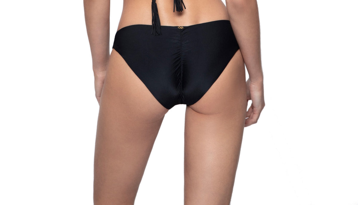 Black Midnight Basic Ruched Bikini Bottoms PQ Swim worn by woman in Calgary she purchased from sun vixen swimwear a top quality 5 star rating boutique swimwear website popular in Denver, Atlanta, Nashville, Jackson,	Oklahoma City for their sexy black bikinis, glamorous bathing suits for beach vacations, good quality noir bikinis, hottest bikini bottoms resort swimwear for vacations in Cancun, Long beach, Costa Rica. This swimwear shopping website intended to sell luxury bikinis to high income individuals