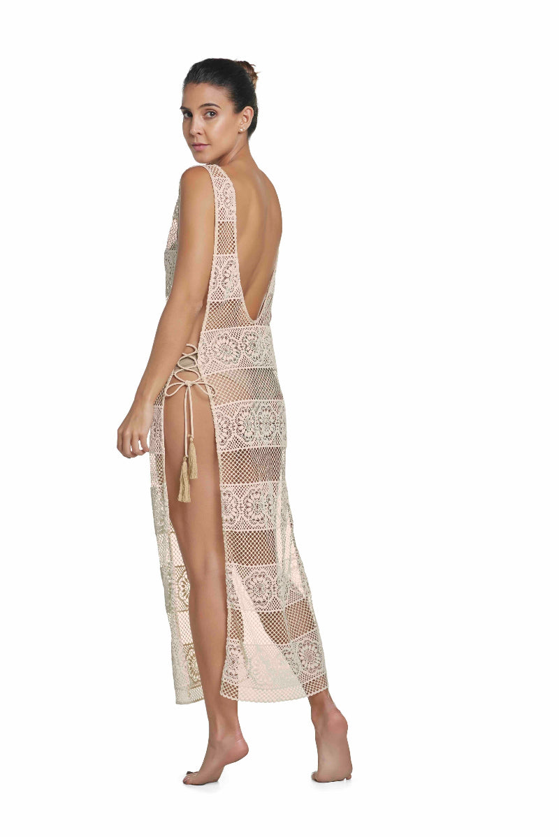 white lace beach cover up PQ Swim off white best quality beautiful revolve sheer pretty glamorous sophisticated luxury designer beach cover ups. A sophisticated woman who has lot of disposable income purchased a white beach cover up from sun vixen swimwear. This is the top quality website for woman who have a high end lifestyle. This classy woman is wearing a classy bikini with sexy lace beach cover up which she bought from this top quality website on google. Designer beach cover ups, lace bikini cover ups