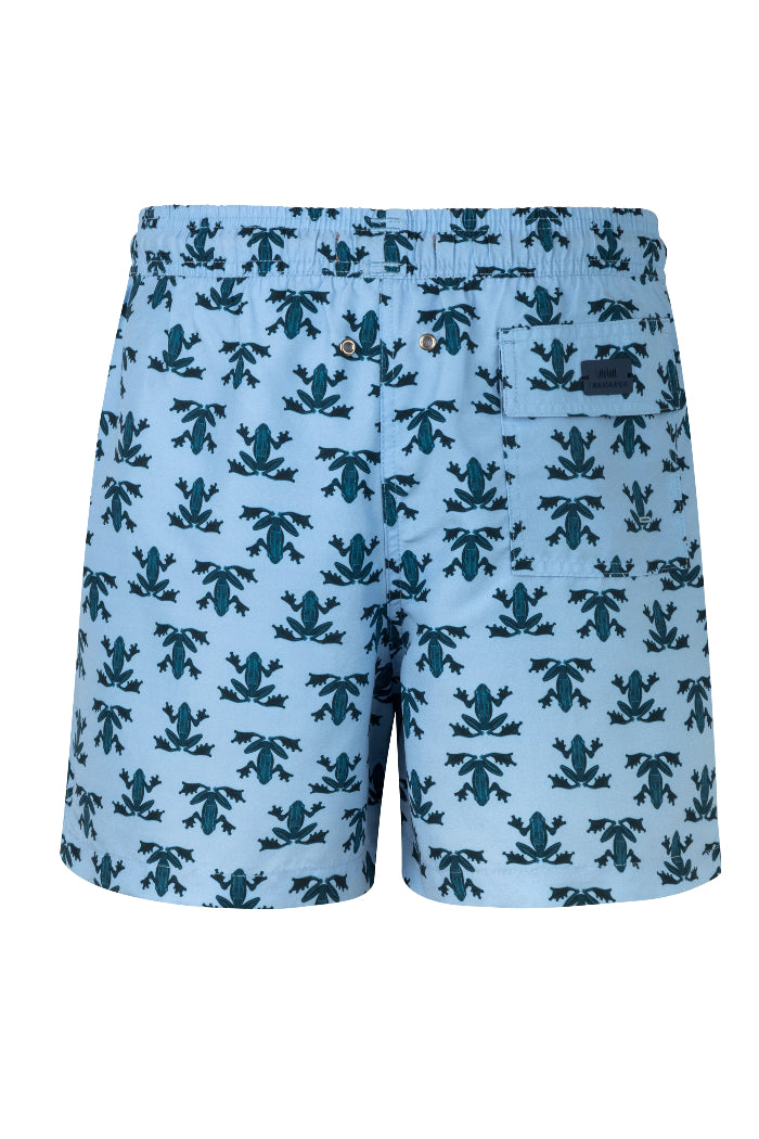 Cool Swim Trunks Frog Print | Palmacea top quality mens board shorts elastic waistband Cool Swim Trunks Frog Print | Palmacea Swimwear PALMACEA SWIMTRUNK PRINTED ANFI2  COOL SWIM TRUNKS frog print best quality vacation board shorts unique trendy cool unusual soft fabric blue frogs funny swim shorts guys mid length upscale mexico vacation good quality fabric high end fashionable quick dry buy online fast shipping light blue highly rated website dude swim trunks fast shipping usa canada shorts travel friendly