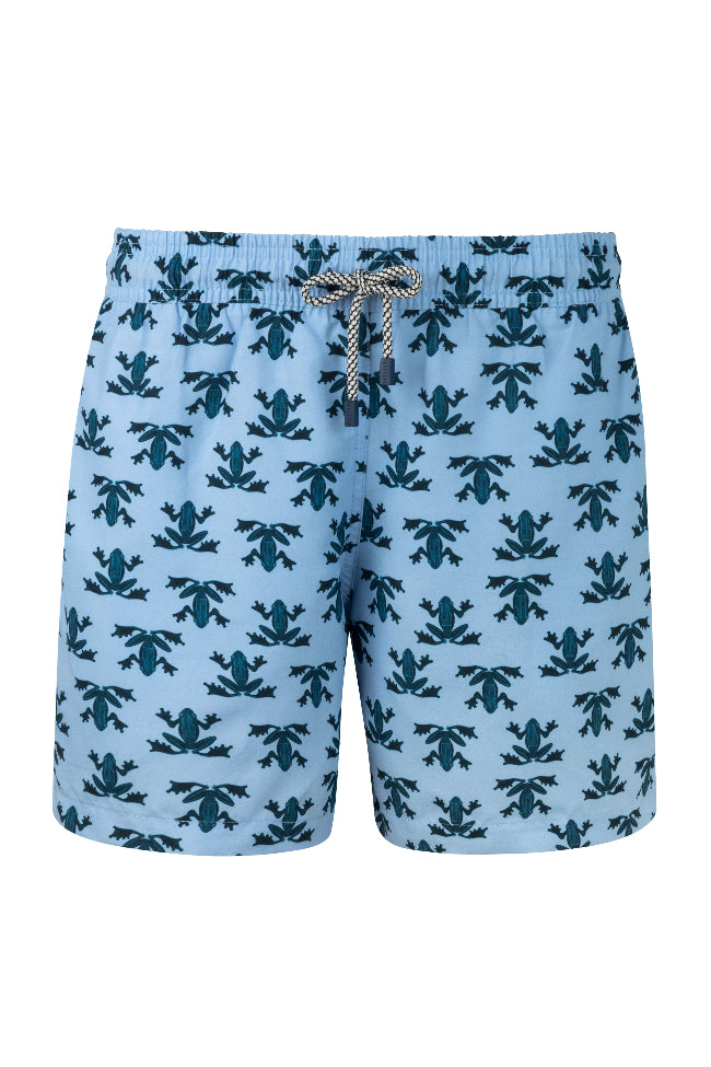 Cool Swim Trunks Frog Print Palmacea top quality mens board shorts elastic waistband Cool Swim Trunks Frog Print designer original funny best PRINTED ANFI2  COOL SWIM TRUNKS frogs print best quality vacation board shorts unique trendy cool fashion soft fabric blue amphibian funny swim shorts guys mid length upscale bermuda vacation good quality fabric high end fashionable quick dry buy online fast shipping light blue highly rated website dude swim trunks fast shipping usa canada buy mens swim tree frog swim