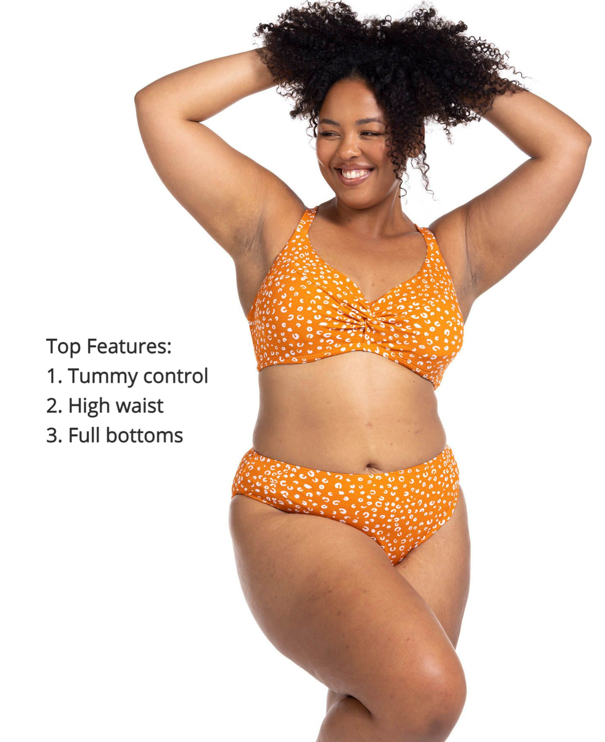 Plus size woman in Vancouver styled in Copper Monet soft cup underwire cheetah print bikini set while enjoying her luxury resort vacation in Cancun Mexico. Artesands high waist tummy control bikini bottoms with a supportive soft cup underwire bikini top give a toned slim glamorous vacation look for her resort pool days. She ordered it from Sun Vixen Swimwear for elegant curvy swimsuits that give her that sexy smoothing tummy control silhouette. no.1 boutique designer plus size swimwear, high waist bikini