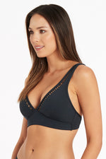 Elegant Bikini Top Sea Level Australia Lola Shimmer Longline Tri Bra Charcoal good small bust padded adjustable shoulder straps adjustable back strap lattice edging deep V neckline good cleavage vacation beach holiday womens sophisticated sexy glamorous edgy chic bougie gorgeous glamorous high-end high-quality luxury bikini top supportive lifts bust good sagging bust pear shape inverted triangle body unique stylish fashionable exotic hot classy bombshell las vegas pool party exquisite hottest travel buff