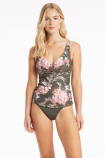 Elegant Tankini Top Sustainable Sea Level Australia shop Martini cross front multi fit singlet top eco friendly stylish sophisticated sexy mom elegant tankini tummy control pretty fancy hides belly pooch on sale clearance luxury designer compression swimsuits online buy quality high end vacation tank style swim top DD cup supportive good bust support adjustable convertible straps 360 degress belly flattening ruching bodice long torso best mom women over 40 bathing suit khaki fair complexion single ladies