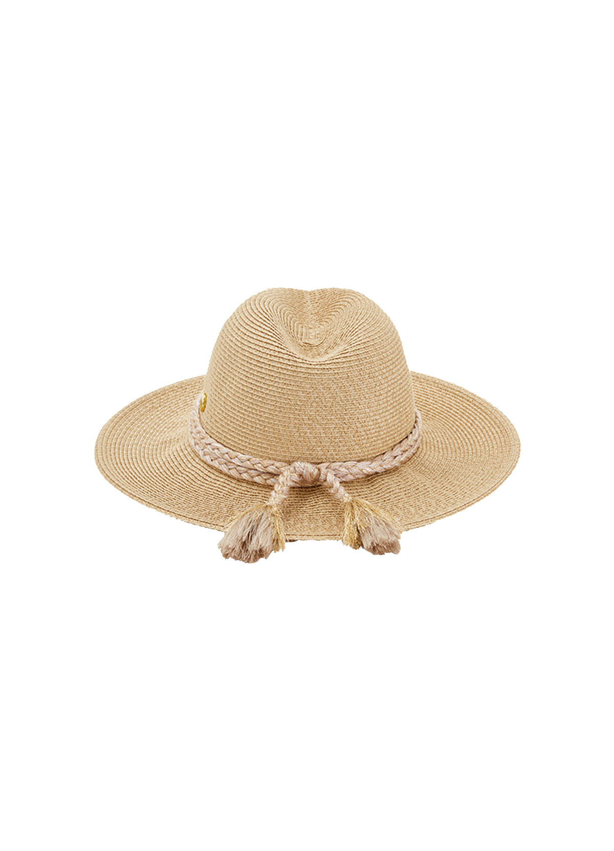 Fedora Beach Hat Collapsible | Seafolly packable adjustable fit one size fits all neutral shade lightweight braided accents tassels gold shimmer cute stylish celebrity look foldable travel hat gold shimmer sparkle braided ties hidden size adjustable inner drawstring customize to fit chic polyester sun hat brimmed fedora beach hat sophisticated light beige tan pretty glamorous fancy summer hat goes with everything vacation hat keeps shape springs back suitcase hat fits most ladies hidden inner drawstring