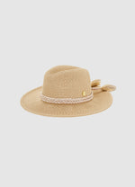 Fedora Beach Hat Collapsible | Seafolly packable adjustable fit one size fits all neutral shade lightweight braided accents tassels gold shimmer cute stylish celebrity look foldable travel hat gold shimmer sparkle braided ties hidden size adjustable inner drawstring customize to fit chic polyester sun hat brimmed fedora beach hat sophisticated light beige tan 