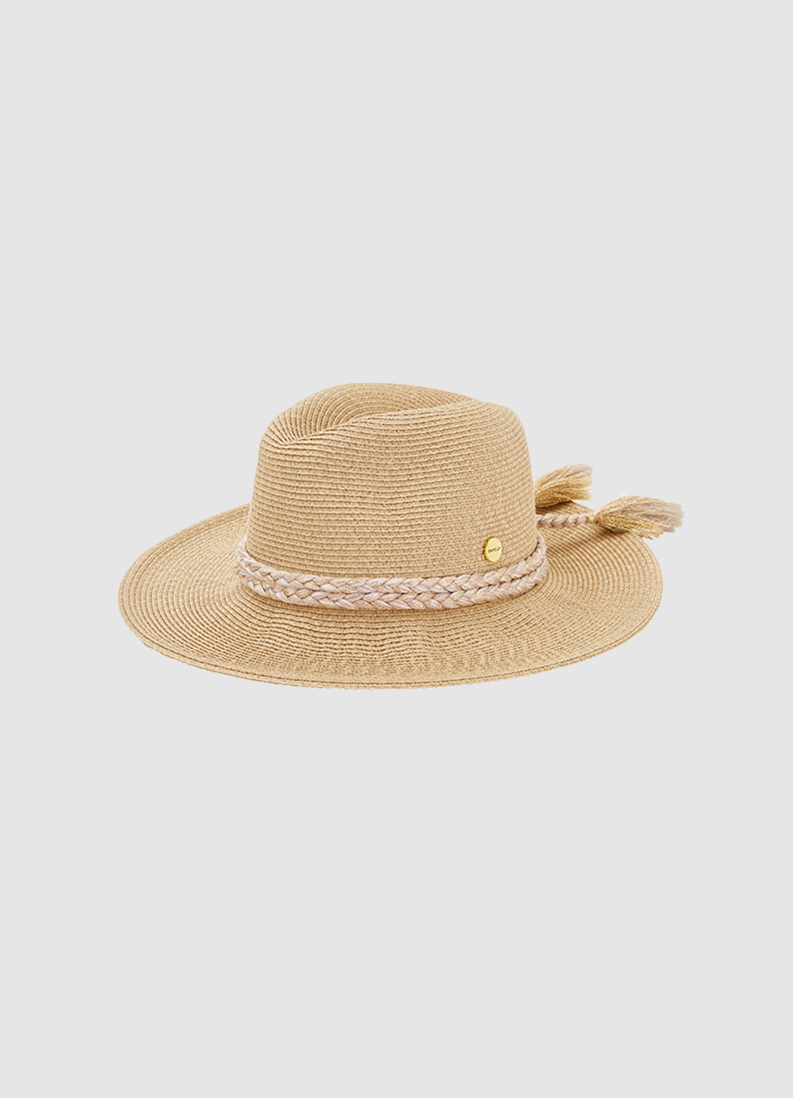 Fedora Beach Hat Collapsible | Seafolly packable adjustable fit one size fits all neutral shade lightweight braided accents tassels gold shimmer cute stylish celebrity look foldable travel hat gold shimmer sparkle braided ties hidden size adjustable inner drawstring customize to fit chic polyester sun hat brimmed fedora beach hat sophisticated light beige tan 