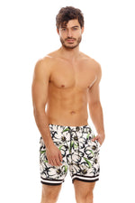 Floral Swim Trunks | Agua Bendita  designer mens swim shorts white drawstring elastic waist 3 pocket sexy unique high quality fashion mens swim trunks shorter length board shorts buy online canada usa fast shipping good quality sexy luxury printed 