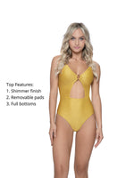 PQ Swim one piece gold coast maisie ring Cut Out Monokini glitter edgy  elegant exotic expensive exquisite fancy fashion buy shop PQ Swim one piece gold coast maisie ring Cut Out Monokini shiny high quality hot hottest instagram luxe luxurious luxury one piece swimsuits Cut Out Monokini Gold PQ Swim gold coast maisie ring one piece pq swim ribbed italian shimmer fabric full coverage bottoms adjustable shoulder straps gold ring front retro vibe shiny gold thread removable pads fully lined adjustable back tie
