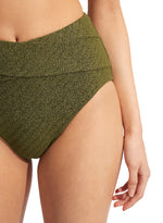 Green High Waist Bikini Bottoms Sustainable seafolly eco friendly fabric high end luxury textured weave  fabric  high rise bottoms full coverage hides belly pooch olive green retro look vintage stylish classy 60s retro looking 50s mid century style bikini clearance sale deal online shopping enthusiast quality designer luxury good bikini mom over 40 bargain hunter frequently purchases luxury goods on sale online buy designer swim canada usa top quality on sale beach travel resort lover fashionista instagram 