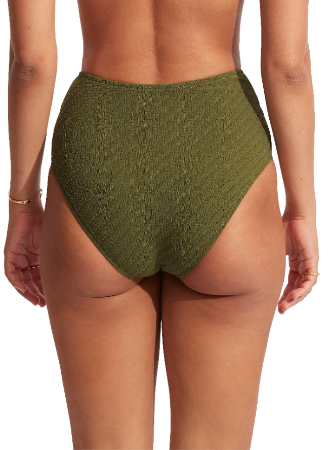 Green High Waist Bikini Bottoms Sustainable seafolly eco friendly fabric high end luxury textured weave  fabric  high rise bottoms full coverage hides belly pooch olive green retro look vintage stylish classy 60s retro looking 50s mid century style bikini clearance sale deal online shopping enthusiast quality designer luxury good bikini mom over 40 bargain hunter frequently purchases luxury goods on sale online buy designer swim canada usa top quality on sale beach travel resort lover fashionista instagram 