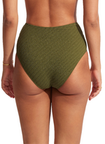 Green High Waist Bikini Bottoms Sustainable seafolly eco friendly fabric high end luxury textured weave  fabric  high rise bottoms full coverage hides belly pooch olive green retro look vintage stylish classy 60s retro looking 50s mid century style bikini clearance sale deal online shopping enthusiast quality designer luxury good bikini mom over 40 bargain hunter frequently purchases luxury goods on sale online buy designer swim canada usa top quality on sale beach travel resort lover fashionista instagram 
