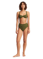 Green High Waist Bikini Bottoms Sustainable seafolly eco friendly fabric high end luxury textured weave high rise bottoms full coverage hides belly pooch olive green vintage stylish classy 60s retro looking 50s mid century retro pin up look stylish bikini clearance sale deal online shopping enthusiast quality designer luxury good bikini mom over 40 bargain hunter frequently purchases luxury goods on sale online buy designer swim canada usa top quality on sale beach travel resort fashionista premium