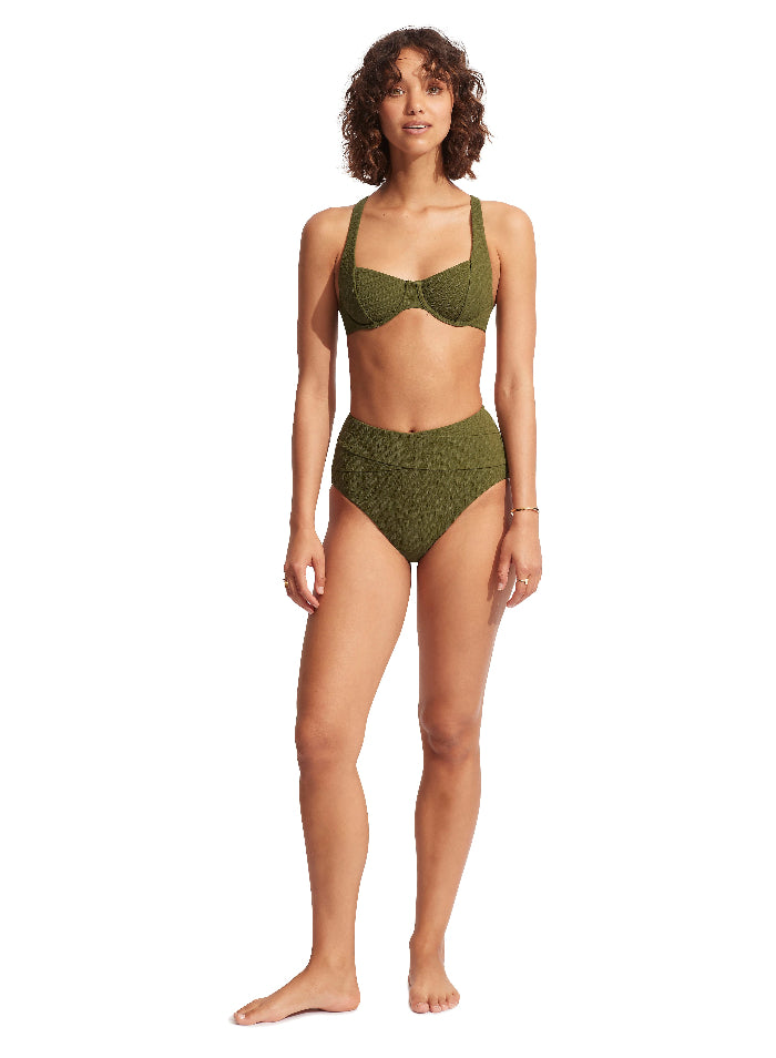 Green High Waist Bikini Bottoms Sustainable seafolly eco friendly fabric high end luxury textured weave high rise bottoms full coverage hides belly pooch olive green vintage stylish classy 60s retro looking 50s mid century retro pin up look stylish bikini clearance sale deal online shopping enthusiast quality designer luxury good bikini mom over 40 bargain hunter frequently purchases luxury goods on sale online buy designer swim canada usa top quality on sale beach travel resort fashionista premium