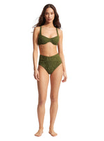 Green High Waist Bikini Bottoms Sustainable seafolly eco friendly fabric high end luxury textured weave high rise bottoms full coverage hides belly pooch olive green vintage stylish classy 60s retro looking 50s mid century retro pin up look stylish bikini clearance sale deal online shopping enthusiast quality designer luxury good bikini mom over 40 bargain hunter frequently purchases luxury goods on sale online buy designer swim canada usa top quality on sale beach travel resort fashionista unique