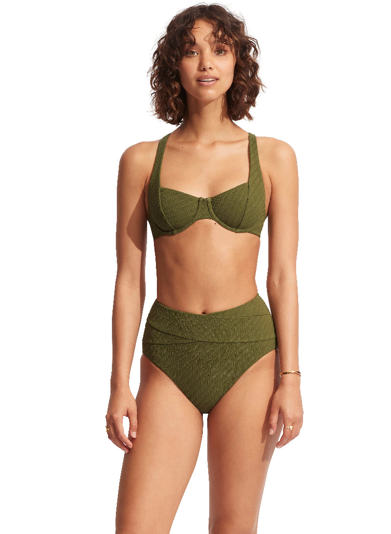 Green High Waist Bikini Set Sustainable seafolly green underwire bikiini top green high waist bikini bottoms eco friendly fabric high end luxury textured weave  fabric supportive high rise bottoms full coverage hides belly pooch olive green adjustable convertible shoulder straps elegant demi bra sturdy back clasp retro look vintage stylish classy 60s retro looking 50s mid century style bikini set clearance sale deal online shopping enthusiast quality designer luxury good swimsuit small chest sagging bust 