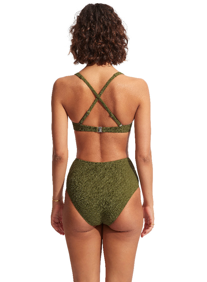 Green High Waist Bikini Set Sustainable seafolly green underwire bikiini top green high waist bikini bottoms eco friendly fabric high end luxury textured weave  fabric supportive high rise bottoms full coverage hides belly pooch olive green adjustable convertible shoulder straps elegant demi bra sturdy back clasp retro look vintage stylish classy 60s retro looking i50s mid century style bikini set clearance sale deal best quality designer luxury B cup C cup good swimsuit fo small chest sagging bust D cup XL
