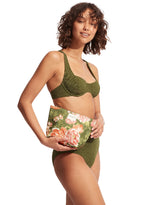Green High Waist Bikini Set Sustainable seafolly green underwire bikiini top green high waist bikini bottoms eco friendly fabric high end luxury textured weave  fabric supportive high rise bottoms full coverage hides belly pooch olive green adjustable convertible shoulder straps elegant demi bra sturdy back clasp retro look vintage stylish classy 60s retro looking i50s mid century style bikini set clearance sale deal online shopping enthusiast quality designer luxury good swimsuit small chest sagging bust f