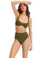 Green High Waist Bikini Set Sustainable seafolly green underwire bikiini top green high waist bikini bottoms eco friendly fabric high end luxury textured weave  fabric supportive high rise bottoms full coverage hides belly pooch olive green adjustable and convertible shoulder straps elegant demi bra sturdy back clasp retro look vintage stylish classy 60s vintage 50s mid century style bikini set clearance sale good deal best quality designer luxury B cup C cup good swimsuit fo small chest sagging bust bargai