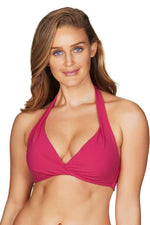Halter Top Bikini | Sea Level Australia riviera rib rose sexy pink gorgeous flattering best quality online swimwear mom halter neck twist front dark pink hue ribbed fabric sophisticated resort bikini high end looking glamorous instagram swimsuit elegant bougie best color swimsuit pale skin clearance quality bikini online buy 1 left XS final sale gorgeous color bust lifting glam pretty iconic retro bikini inspired highest quality for cheap good sale designer swim luxury sexy stylish fashionable hottest luxe 