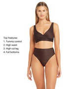 High Waisted Tummy Control Swimsuit Bottoms Espresso Sea Level Australia Casablanca Retro high leg flattens belly pooch sophisticated glamorous good mom bathing suit women over 40 beach vacation gold coast luxury ribbed fabric high end designer full coverage bottoms smart sexy canada usa buy online deals dark brown trend good for long torso pear shape cute pretty elegant upscale clearance sale markdown designer swim online curvy stylish premium top quality compression shapewear flattering on sale discount
