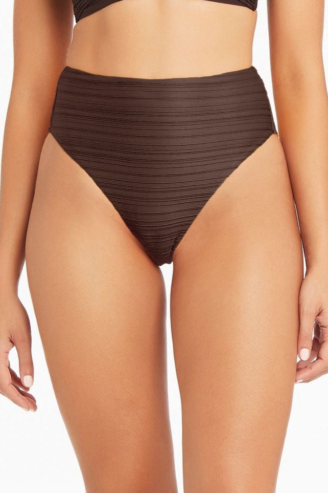 High Waisted Tummy Control Swimsuit Bottoms Espresso Sea Level Australia Casablanca Retro high leg flattens belly pooch sophisticated glamorous good mom bathing suit women over 40 beach vacation gold coast luxury ribbed fabric high end designer full coverage bottoms smart sexy canada usa buy online deals dark brown trend good for long torso pear shape cute pretty elegant upscale clearance sale markdown designer swim online curvy stylish premium good quality compression shapewear flattering on sale discount