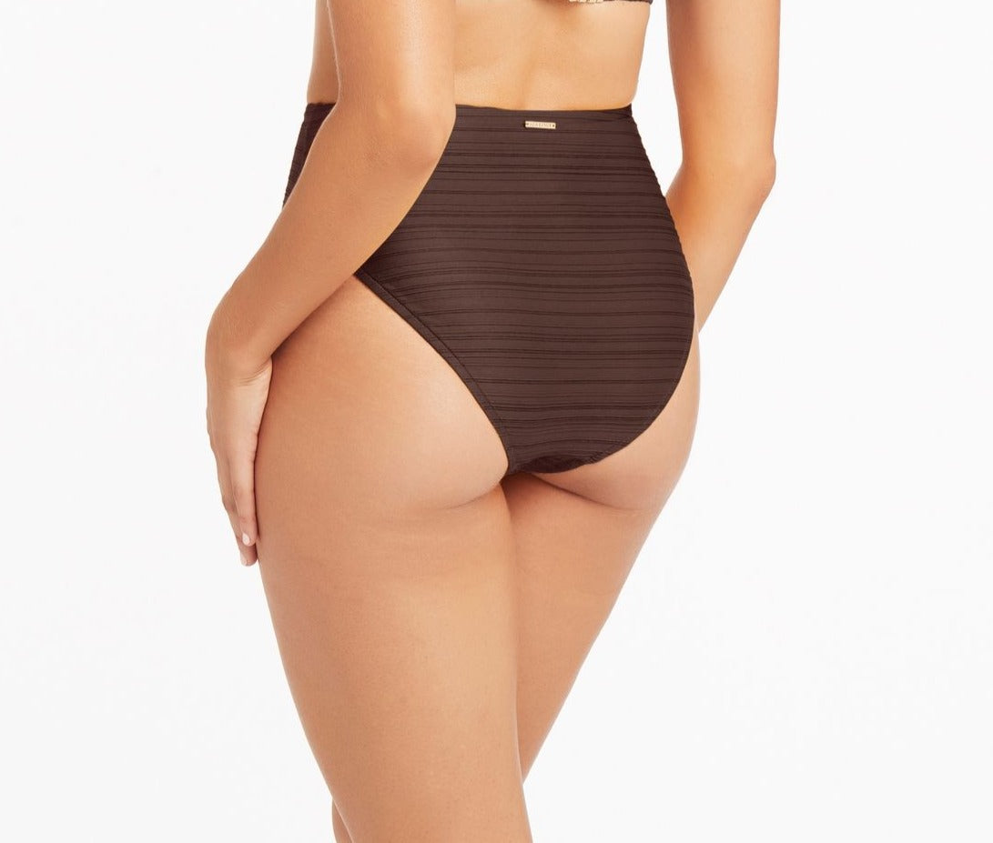 High Waisted Tummy Control Swimsuit Bottoms Espresso Sea Level Australia Casablanca Retro high leg flattens belly pooch sophisticated glamorous good mom bathing suit women over 40 beach vacation gold coast luxury ribbed fabric high end designer full coverage bottoms smart sexy mix match swim bottoms brown trend good for long torso pear shape cute pretty elegant upscale clearance sale markdown designer swim online curvy stylish premium good quality compression shapewear flattering on sale discounted lux look