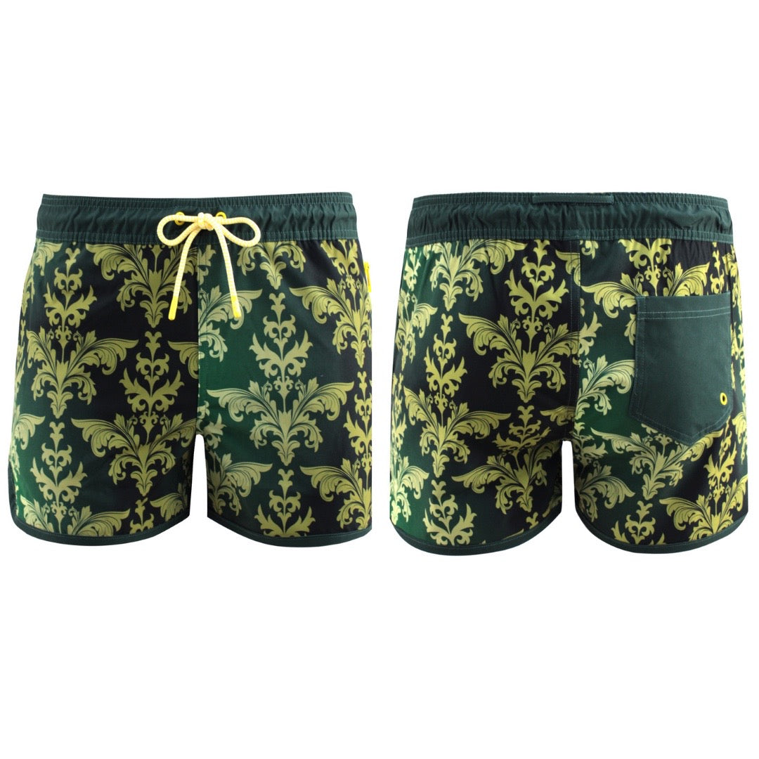 Italian Swim Trunks Sustainable Baroque | SegSea Italian Swim Trunks Sustainable Baroque SegSea sexy mens swim shorts high end made in canada 3 inch inseam cool fabric rich successful man fashionable unique sexy mens swim shorts influencer high end luxury designer confident gay man swim shorts short length top dog look highest quality 3 pockets eco friendly cool swim shorts mens sustainable repreve recycled plastic water bottles successful gay man look army green baroque print unique sexy gay mens swim