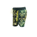 Italian Swim Trunks Sustainable Baroque | SegSea Italian Swim Trunks Sustainable Baroque SegSea sexy mens swim shorts high end made in canada 3 inch inseam cool fabric funky print stylish fashionable unique sexy mens swim shorts influencer high end luxury designer confident gay man swim shorts short length top dog look highest quality 3 pockets eco friendly cool swim shorts mens sustainable repreve recycled plastic water bottles successful gay man look army green baroque print unique sexy gay mens swim
