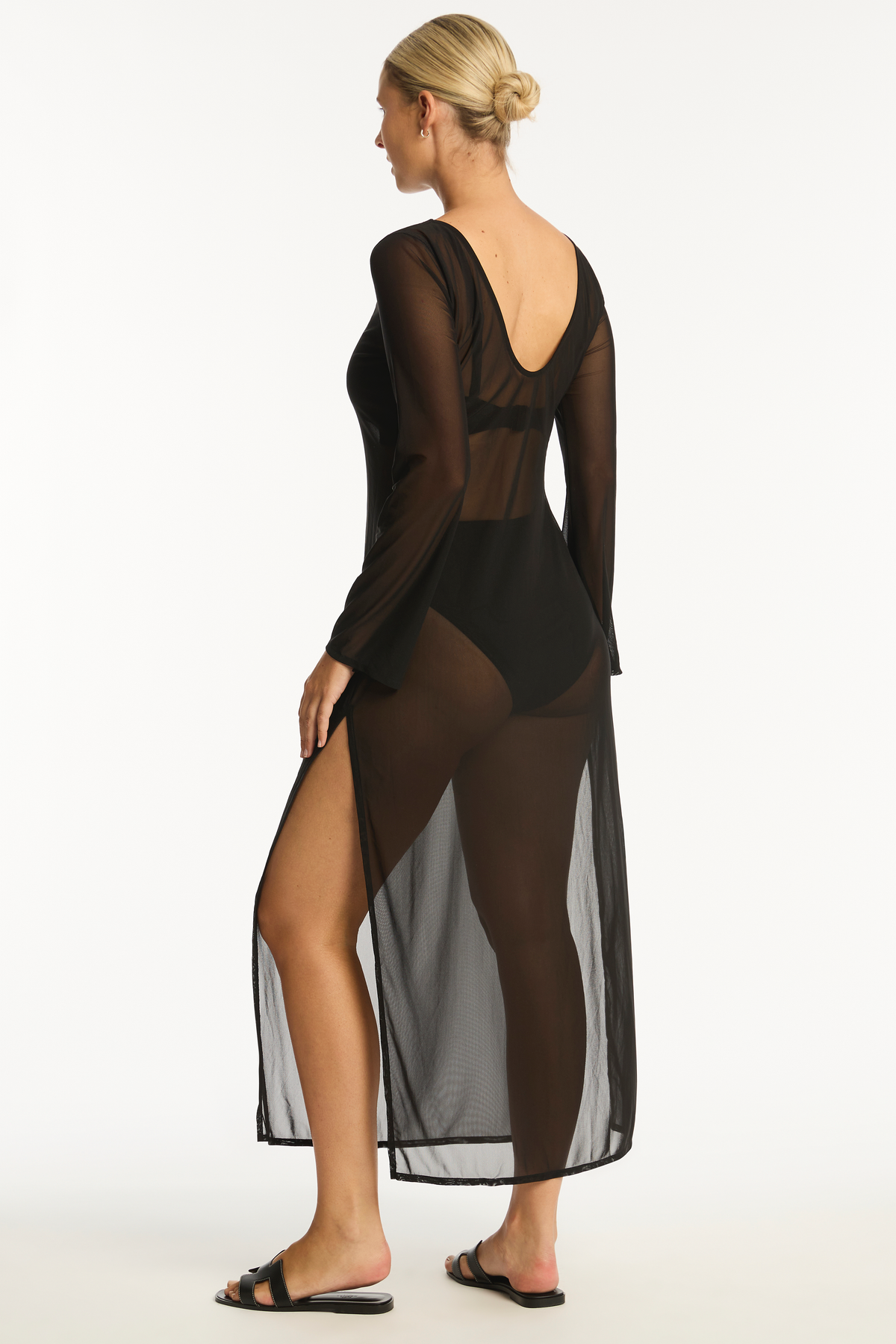 Long Sleeve Mesh Cover Up Dress Sea Level Australia beach dress long sleeve long length see through sheer mesh lightweight quick dry high end luxury designer buy online Canada USA pretty fancy beachwear website cabana swim cover expensive durable good quality sexy pretty elegant fancy matches everything v neck mom woman over 40 vacation las vegas pool party stylish sophisticated trendy wealthy socialite savvy online shopper purchases often midi mesh dress cover up flattering chic bougie fishnet sexy london 