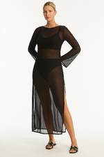 Long Sleeve Mesh Cover Up Dress Sea Level Australia beach dress long sleeve long length see through sheer mesh lightweight quick dry high end luxury designer buy online Canada USA pretty fancy beachwear website cabana swim cover expensive durable good quality sexy pretty elegant fancy matches everything v neck mom woman over 40 vacation Ibiza pool party stylish sophisticated trendy wealthy socialite savvy online shopper purchases often midi mesh dress cover up yacht party flowy chic bougie fishnet sexy 