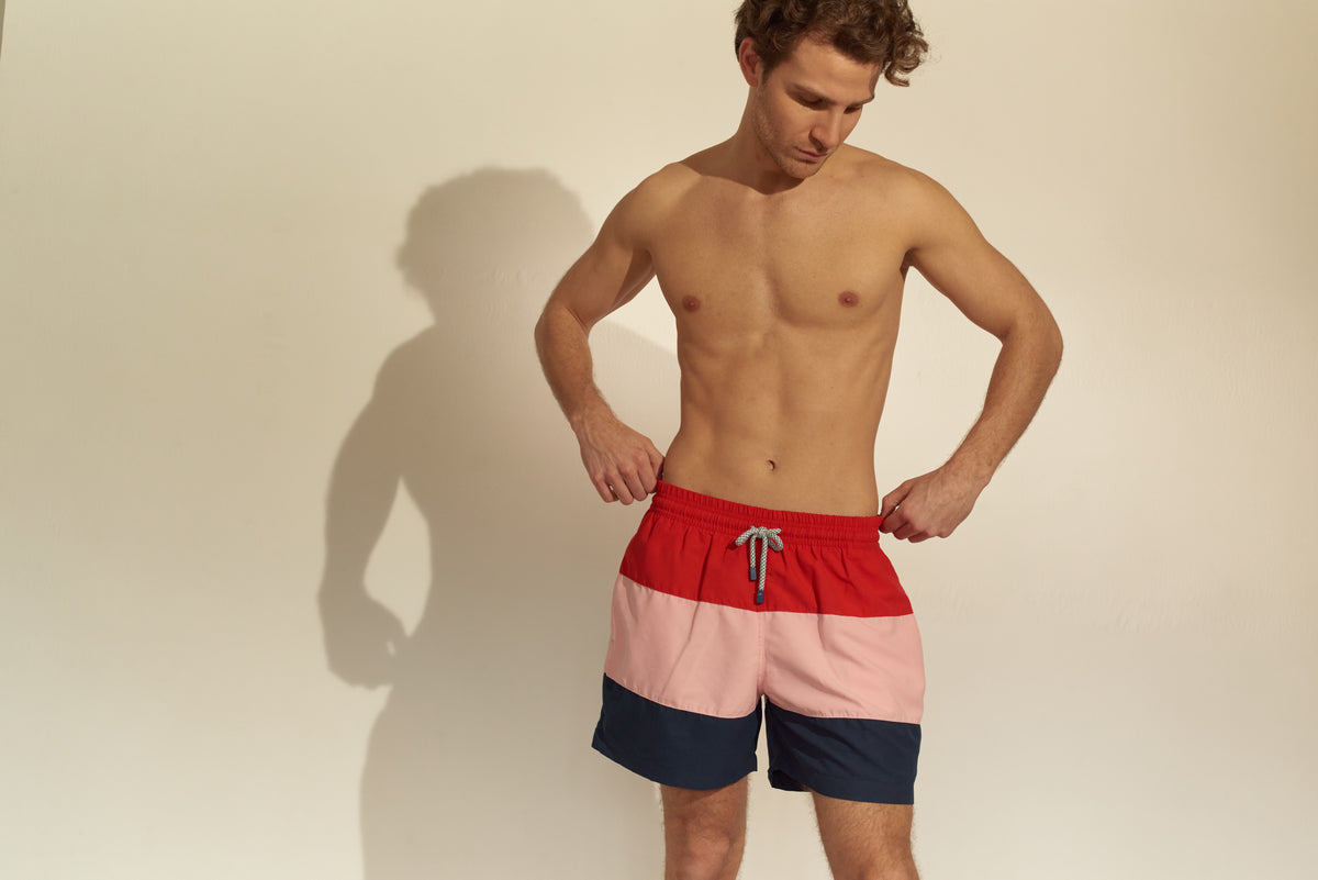 Swim Board Shorts Color Block Palmacea Swimwear Maua 3 luxury designer swimwear male mens vacation swim shorts mid length 4.5 inch inseam red pink navy drawstring cool sexy unique fashionable trendy expensive good quality striped sophisticated stylish chic upscale soft fabric elastic drawstring waistband highly rated yuppy high society nautical look sailing swim trunks guys shorter length board shorts 3 pockets sailing comfortable mens getaway shorts yuppy charleston SC boating shorts sailing yacht best