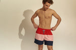 Swim Board Shorts Color Block Palmacea Swimwear Maua 3 luxury designer swimwear male mens vacation swim shorts mid length 4.5 inch inseam red pink navy drawstring cool sexy unique fashionable trendy expensive good quality striped sophisticated stylish chic upscale soft fabric elastic drawstring waistband highly rated yuppy high society nautical look sailing swim trunks guys shorter length board shorts 3 pockets sailing comfortable mens getaway shorts yuppy charleston SC boating shorts sailing yacht best