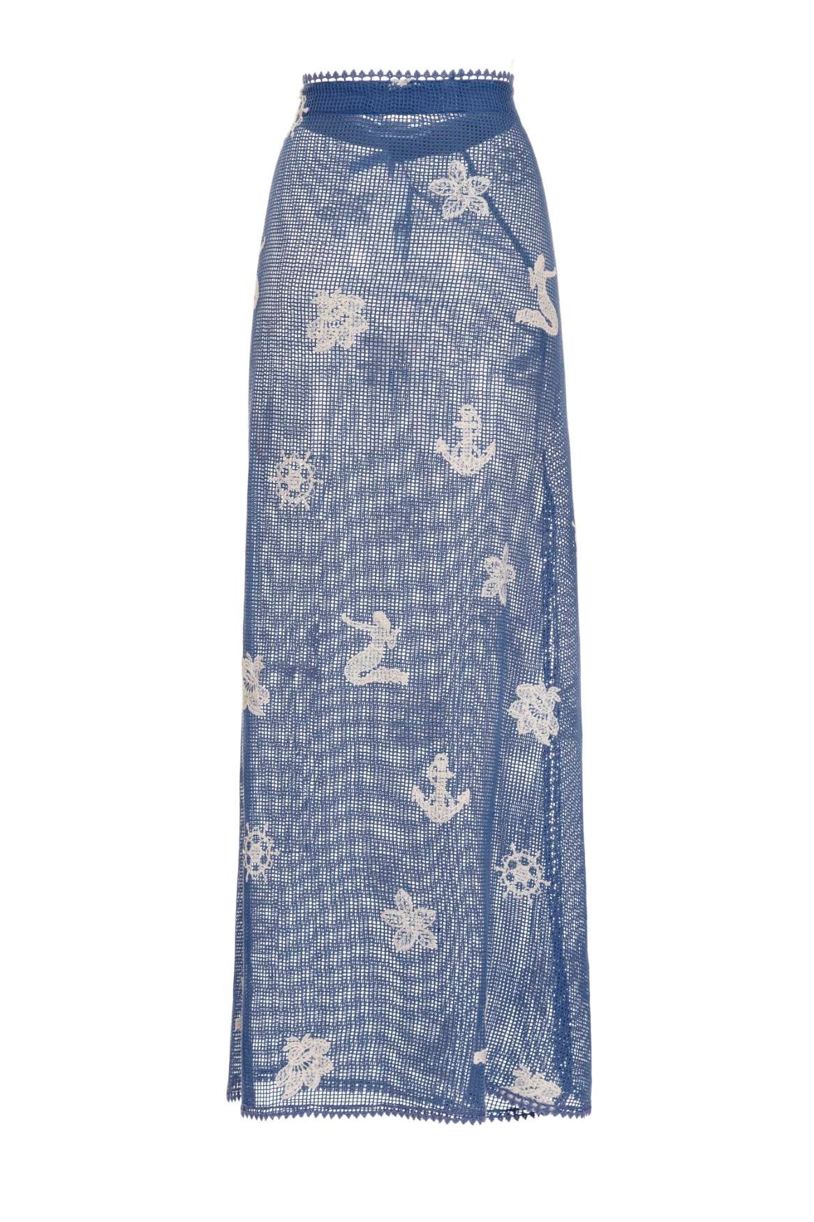 Mesh Cover Up set Skirt Blue | Agua Bendita Mesh Cover Up Skirt Blue Agua Bendita cyprus kai skirt Floral applique blue cover up top upscale Unique swimsuit cover up M L designer on sale best website usa canada swimwear influencer style floor length side slit mermaid style netted nautical blue stunning gorgeous