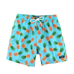 Pineapple Swim Trunks Island Haze cool print funny shorts pineapples 5 inch inseam elastic waist drawstring front inner mesh lining side pockets back velcro close pocket quick dry soft fabric unique swingers swim shorts lucky pineapple print tropical vibe vacation hilarious couples trip joke ridiculous guys blue aqua light blue unusual popular best mens swim good price ships fast buy canada usa montreal cancun travel online shopping enthusiast beauty maven gym goer travels often beach vacations group travel