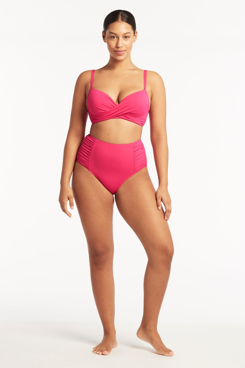 Pink High Waist Bikini Bottoms Sustainable Sea Level Australia Gathered Side Pant Essential Eco tummy control swimwear high rise hide belly pooch compression bathing suit flattens tummy sophisticated best swim moms full bottoms vacation flattering hottest slimming women glamorous smart and sexy for fat belly chic fashionable ladies trip bathing suits high end purchase best quality buy new york NJ online top rated website elegant stylish cute fancy resort swimsuits eco friendly pretty designer ruching luxury