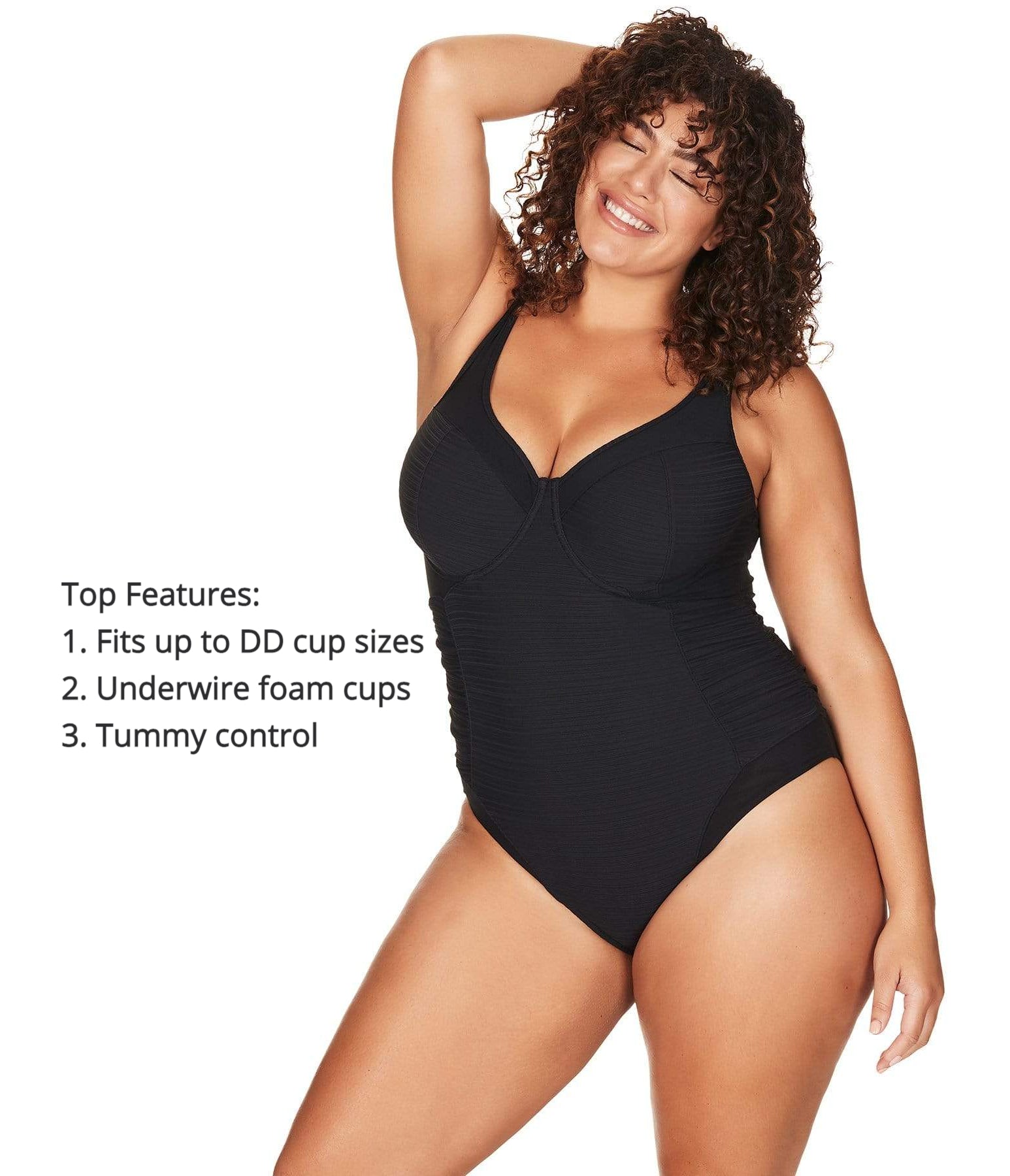 A woman from Calgary is enjoying a romantic week in Maui, wearing the Plus Size Aria Giotta Artesands luxury underwire one piece swimsuit, loved for its supportive lift for sagging breasts, premium tummy control, and curvy shaping designer structure that enhances her figure in every tropical setting. She chose this swimsuit because it gives her a sleek elegant silhouette, smoothing her midsection, lifting her bust, and providing high end support that makes her feel confident beach photos, hotel pool lounge