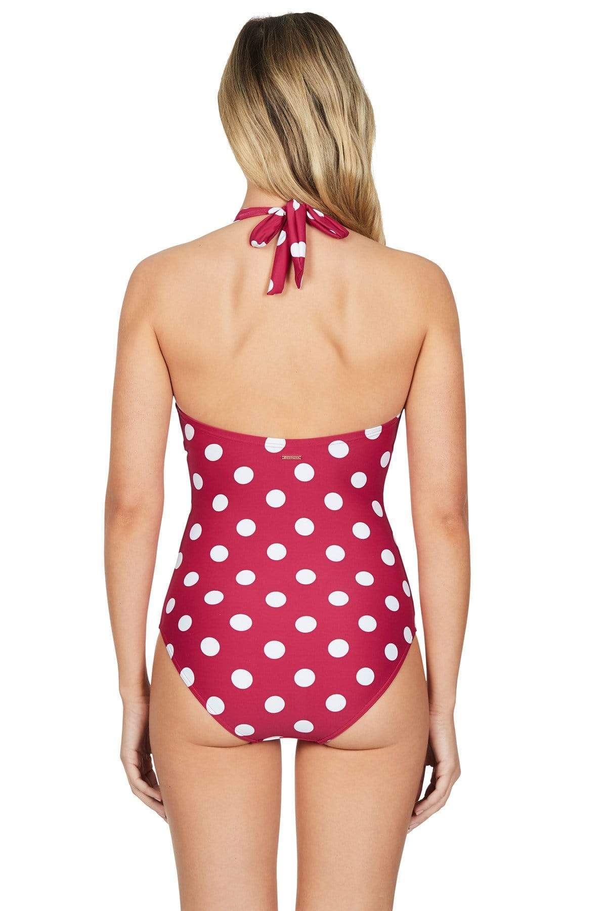 Polka Dot Swimsuit | Sea Level Australia Red and white One Piece high end cute dotted print tummy control slim look one piece womens swimwear shaping compression sale designer halter neck one piece luxury good swimsuit mom vacation high end luxury fashionable slimming print hides belly good cleavage swimsuit quality clearance Canada USA website highly rated buy online hawaii vacation swimwear getaway beach resort wear smart and sexy fancy buy quality cheap online canada usa fashionable sophisticated quality