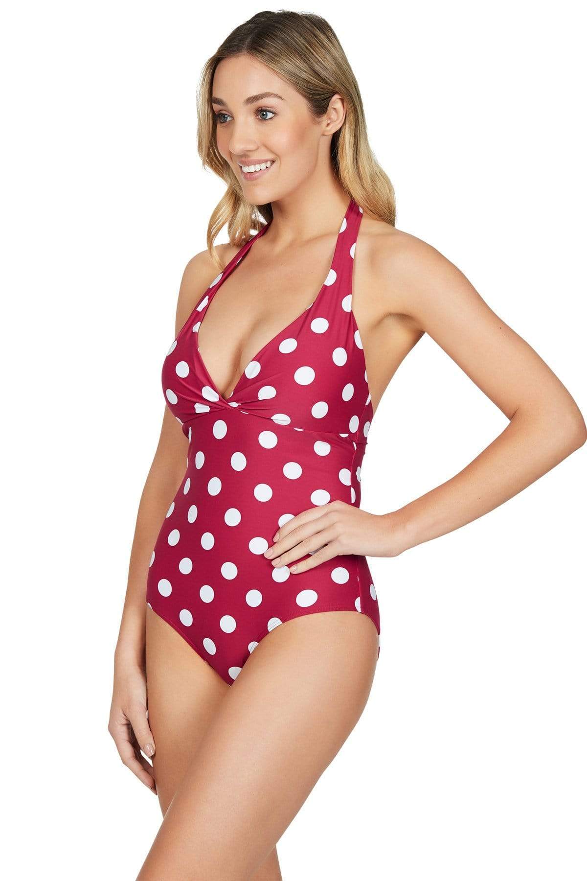 Polka Dot Swimsuit | Sea Level Australia Red and white One Piece high end cute dotted print tummy control slim look one piece womens swimwear shaping pretty best sale designer halter neck one piece luxury good swimsuit mom vacation high end luxury fashionable slimming print hides belly good cleavage swimsuit quality clearance Canada USA website highly rated buy online hawaii vacation swimwear getaway beach resort wear smart and sexy fancy buy quality cheap online canada usa fashionable sophisticated quality