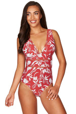 Red One Piece Swimsuit | Sea Level Australia high end floral Hawaiian print tummy control slim look one piece womens swimwear shaping pretty best sale designer cute one piece luxury good swimsuit mom vacation high end luxury fashionable Hawaiian print hides belly good cleavage swimsuit quality clearance Canada USA website highly rated buy online Mexico vacation swimwear getaway sun vixen swimwear beach resort wear buy best quality swimsuits online womens  shape wear bathing suits deal discount promo code 