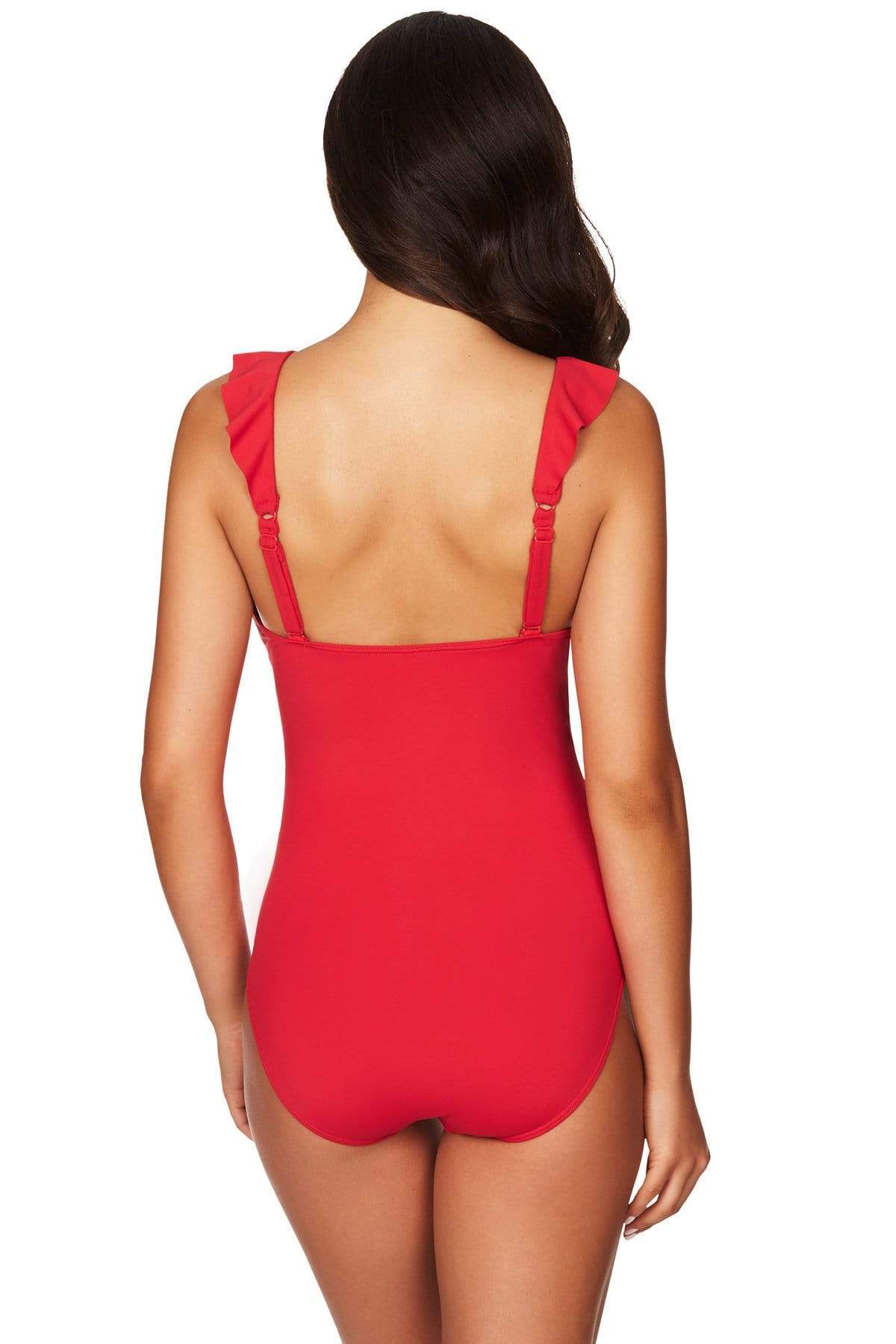 Red Swimsuit Sea Level Australia One Piece Sustainable Frilly ruffle high end tummy control attractive USA Canada eco friendly bathing suits ladies pretty elegant solid color flattering vacation beautiful gorgeous online flattens belly pooch good quality swim website canada luxury 
sophisticated shapewear full coverage bottoms classy luxury designer upscale unique fashionable best mom women over 40 sexy swimsuits curvy flattering big stomach good cleavage premium bright siren red bay watch babe buy swimwear